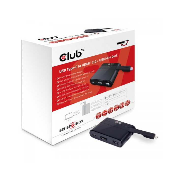 Mini dock con interfaccia Type-C con uscita video HDMI 2.0, Type-C e USB 2.0.