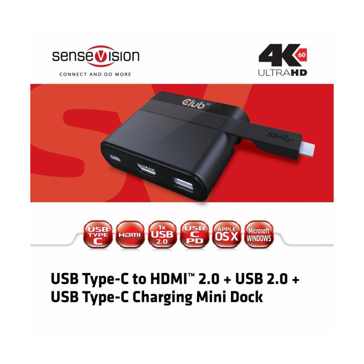 Mini dock con interfaccia Type-C con uscita video HDMI 2.0, Type-C e USB 2.0.