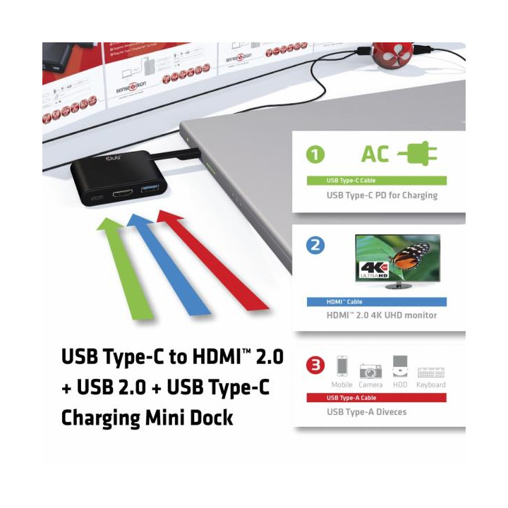 Mini dock con interfaccia Type-C con uscita video HDMI 2.0, Type-C e USB 2.0.