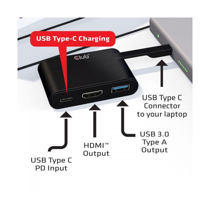 Mini dock con interfaccia Type-C con uscita video HDMI 2.0, Type-C e USB 2.0.