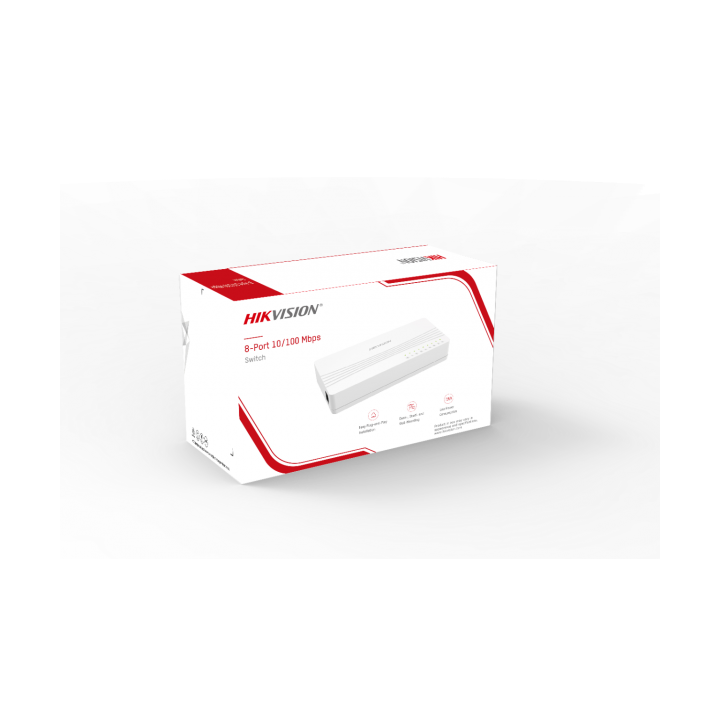 Hikvision DS-3E0108D-E  e' uno switch di rete Fast Ethernet con 8 porte LAN.