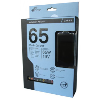 FSP Fortron modello FSP-CAR65 un trasformatore di corrente per sistemi Notebook. Comprende un set di 9 attacchi diversi, per ad