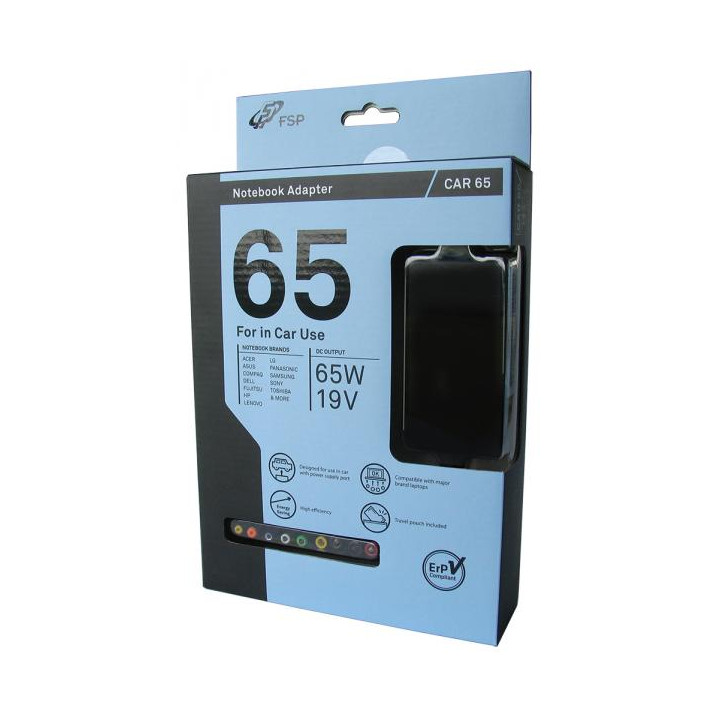 FSP Fortron modello FSP-CAR65 un trasformatore di corrente per sistemi Notebook. Comprende un set di 9 attacchi diversi, per ad