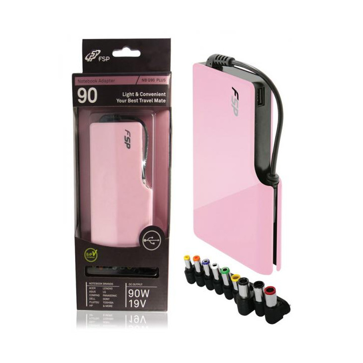 FSP Fortron modello FSP-NBQ90PLUS un trasformatore di corrente per sistemi Notebook. Esso comprende un set di 9 attacchi divers