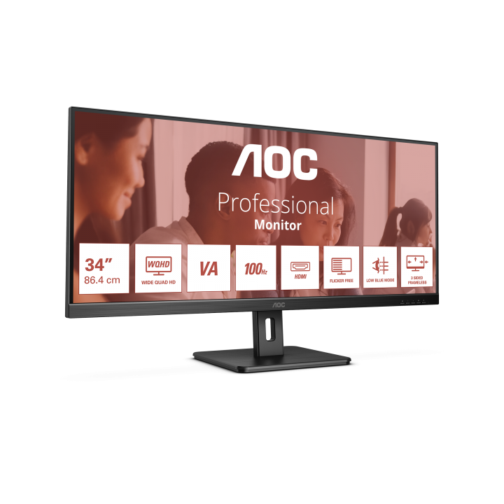 AOC U34E2M è un Monitor da 34" con risoluzione WQHD e frequenza di aggiornamento di 100Hz.